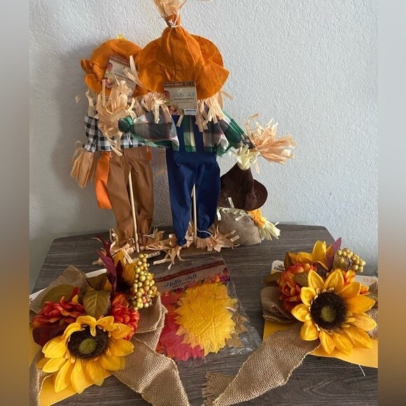 Fall decor Bundle Scarecrow Table Top Family Bows Faux Loose Leaves Holiday - Picture 4 of 7